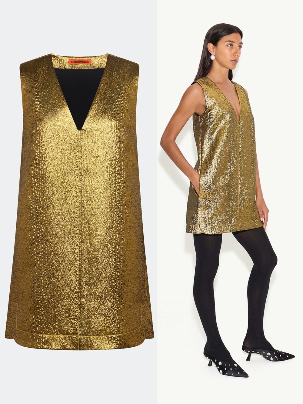 SIMONMILLER Fountain Metallic Mini Dress Star Gold V Neck Shift NWT Medium